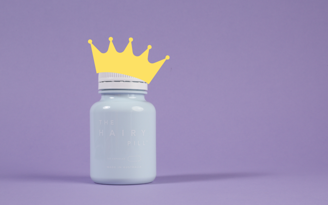 The Hairy Pill Hair Loss Medication has a crown on top of the bottle as it address balding crown prevention in men